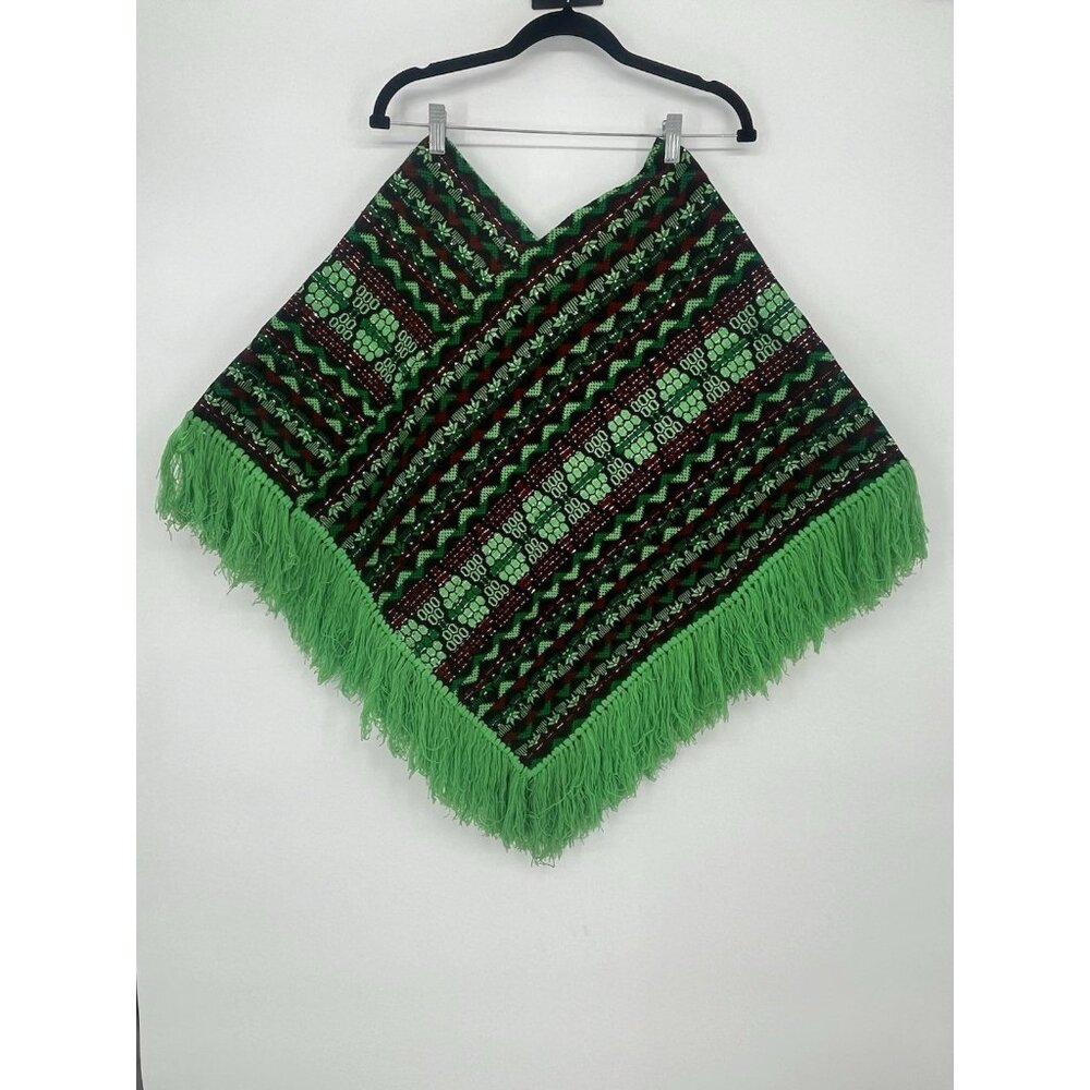Vintage 70s Southwest Native Mexican  Fringe‎ Poncho Red Green Black